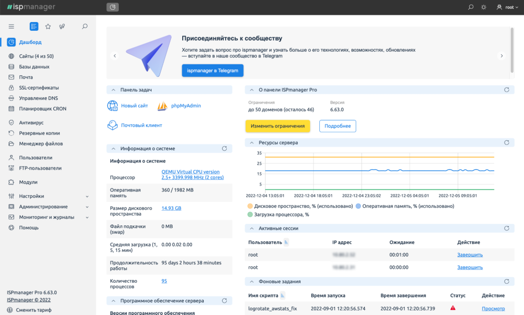 Главное окно панели ispmanager