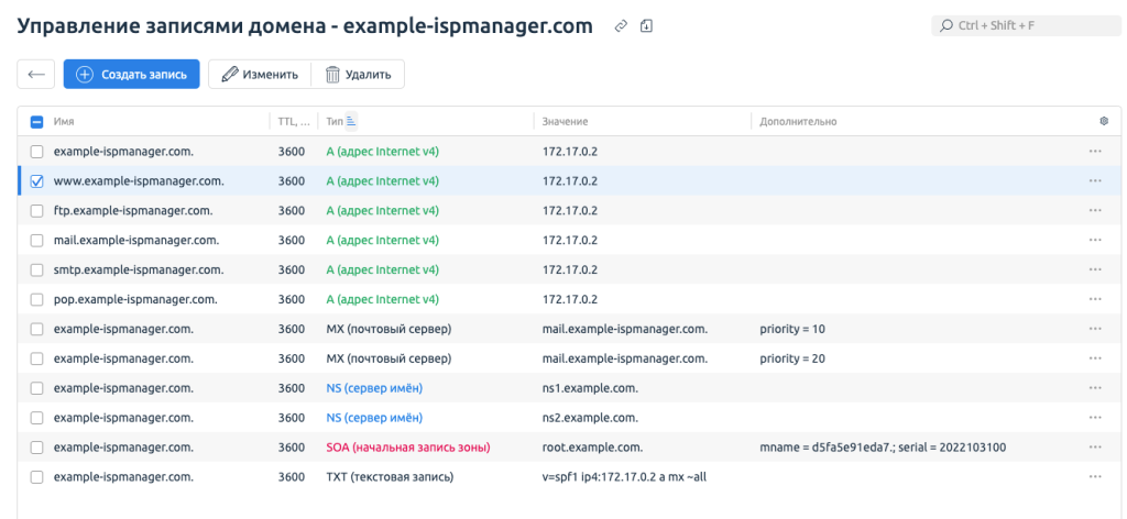 Управление DNS-записями в ispmanager