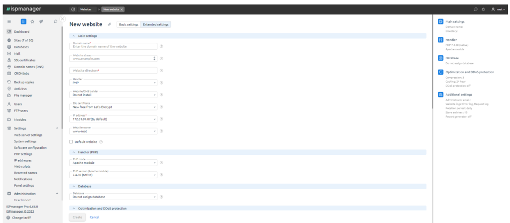 Advanced settings when creating a site